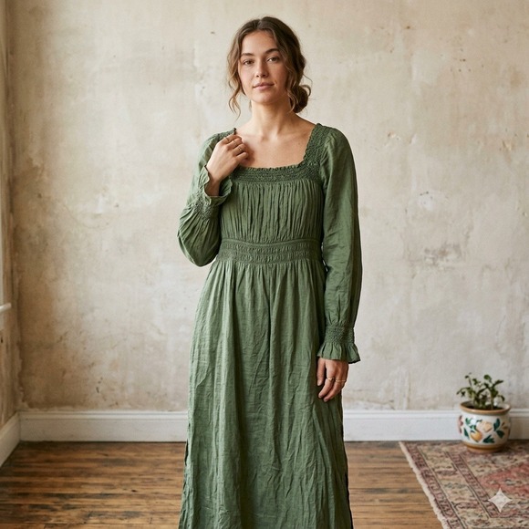 GAP Dresses & Skirts - Gap Smocked Midi Dress Womens Medium Green Square Neck Pockets Cottagecore Boho